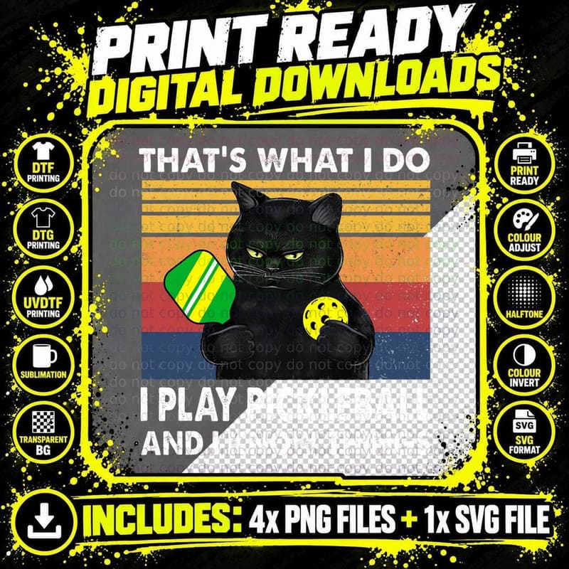 Black Cat Playing Pickleball T-Shirt, Funny Sarcasm Png SVG Digital Bundle
