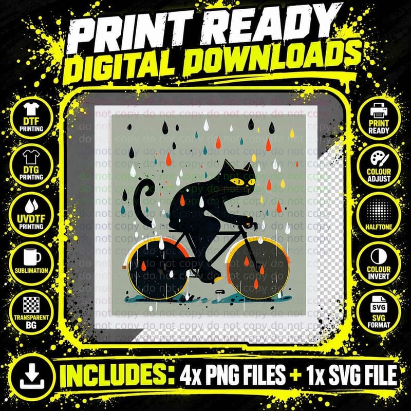 Black Cat Riding Bike in Rain T-Shirt Png SVG Digital Bundle