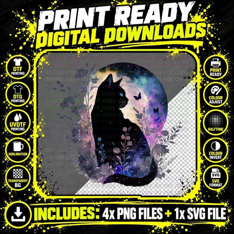 Black Cat Silhouette T-Shirt, Gothic Fantasy Art Png SVG Digital Bundle