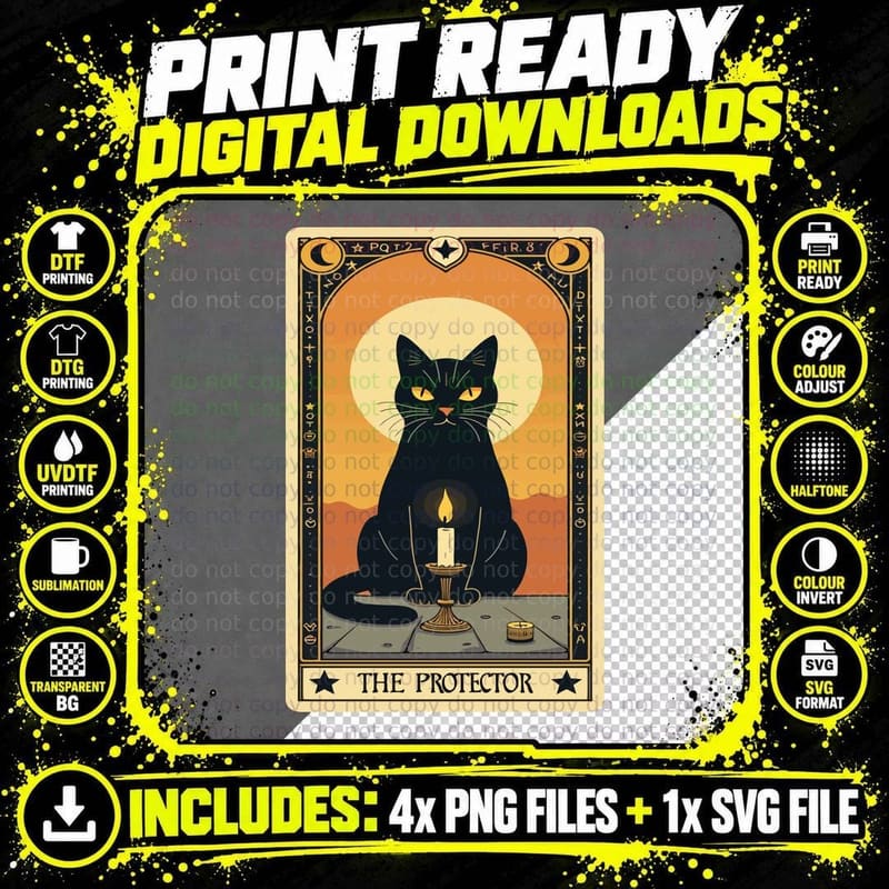 Black Cat Tarot Card the Protector Fortune Teller Cat Png SVG Digital Bundle