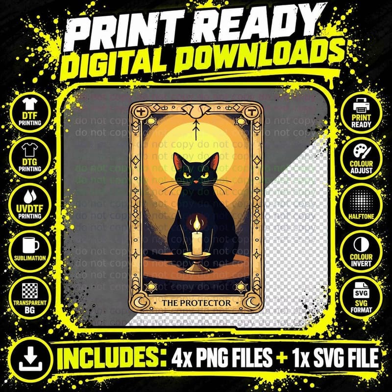 Black Cat Tarot Shirts, the Protector Fortune Teller Cat Png SVG Digital Bundle