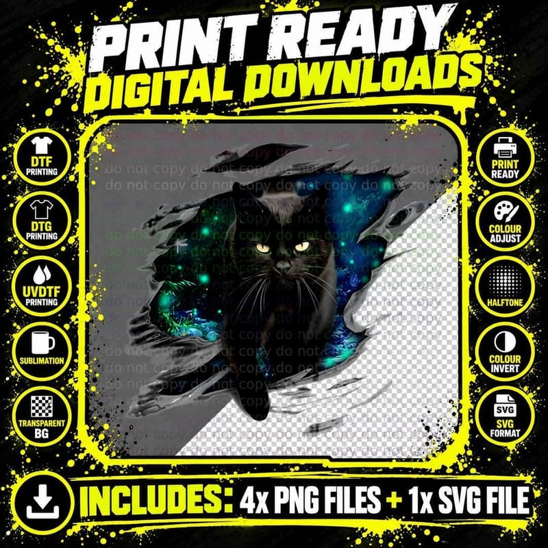 Black Cat Yellow Eyes Shirt, Galaxy Cat Graphic T-Shirt Png SVG Digital Bundle