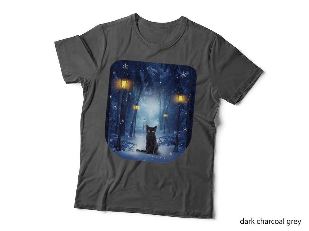 Black Cat in Snowy Forest T-Shirt, Winter Wonderland Print