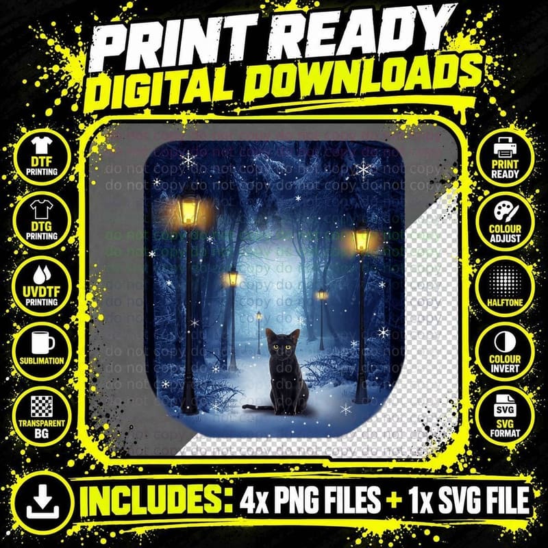 Black Cat in Snowy Forest T-Shirt, Winter Wonderland Png SVG Digital Bundle