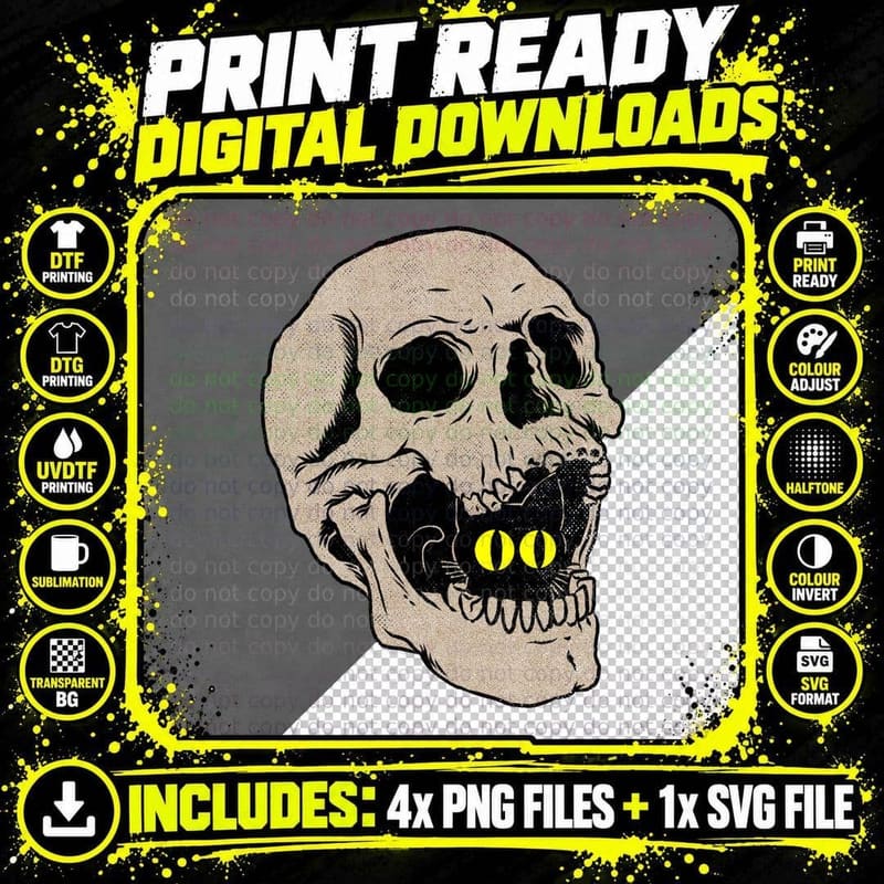 Black Cat in the Skull T-Shirt Png SVG Digital Bundle
