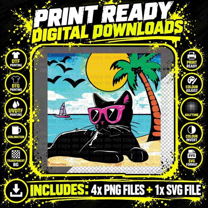 Black Cat on the Beach - Popart T-Shirt Png SVG Digital Bundle