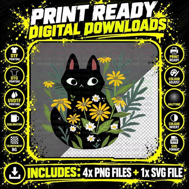 Black Cat with Flowers Essential T-Shirt Png SVG Digital Bundle