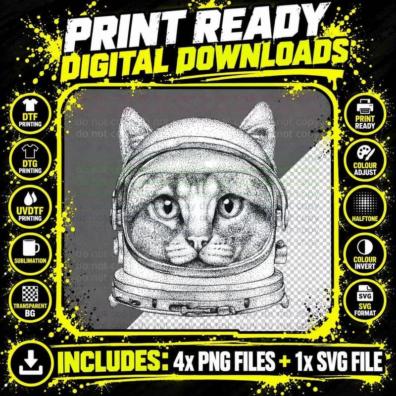 Black White Astronaut Cat T-Shirt Png SVG Digital Bundle