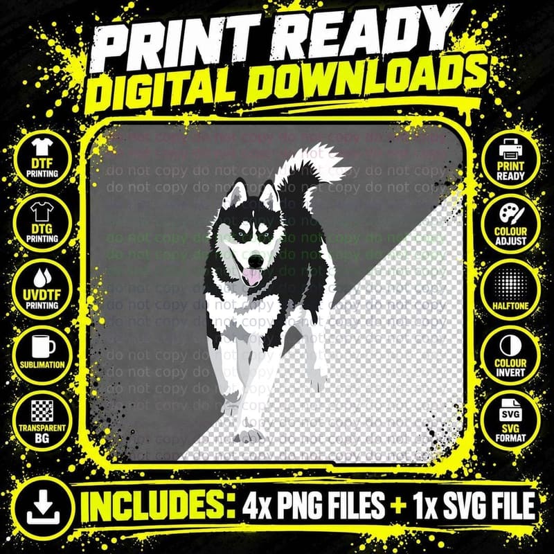 Black and White Siberian Husky T-Shirt, Winter Snow Dog Png SVG Digital Bundle