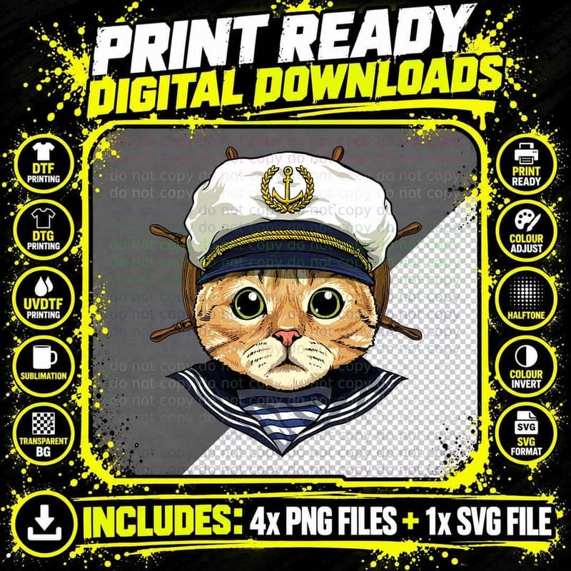 Boat Captain Cat T-Shirt, Nautical Sailor Print Png SVG Digital Bundle