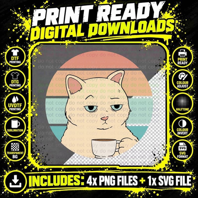 Bored Cat with Coffee T-Shirt Png SVG Digital Bundle