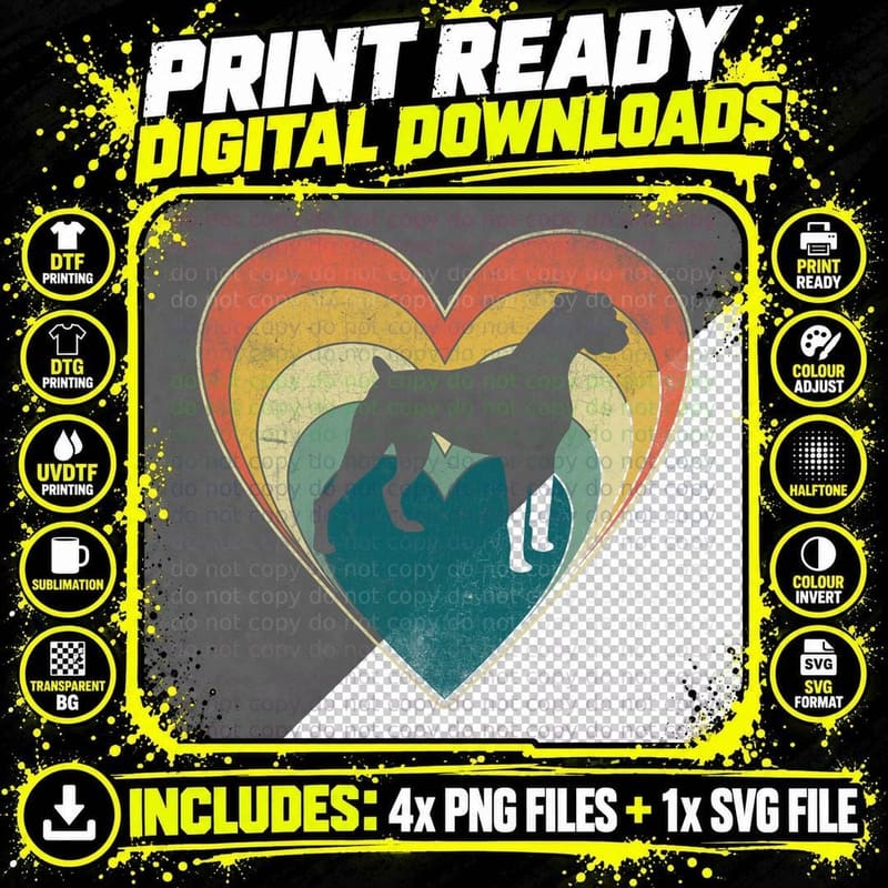 Boxer Dog Heart Silhouette T-Shirt, Vintage Retro Style Png SVG Digital Bundle