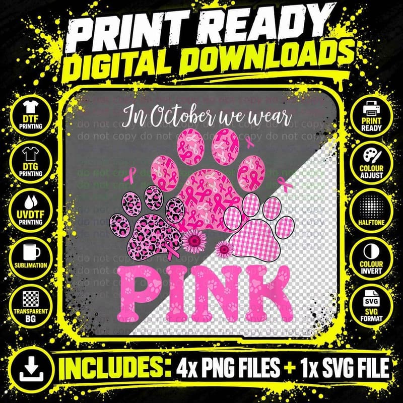 Breast Cancer Awareness Dog Cat Paw T-Shirt Png SVG Digital Bundle