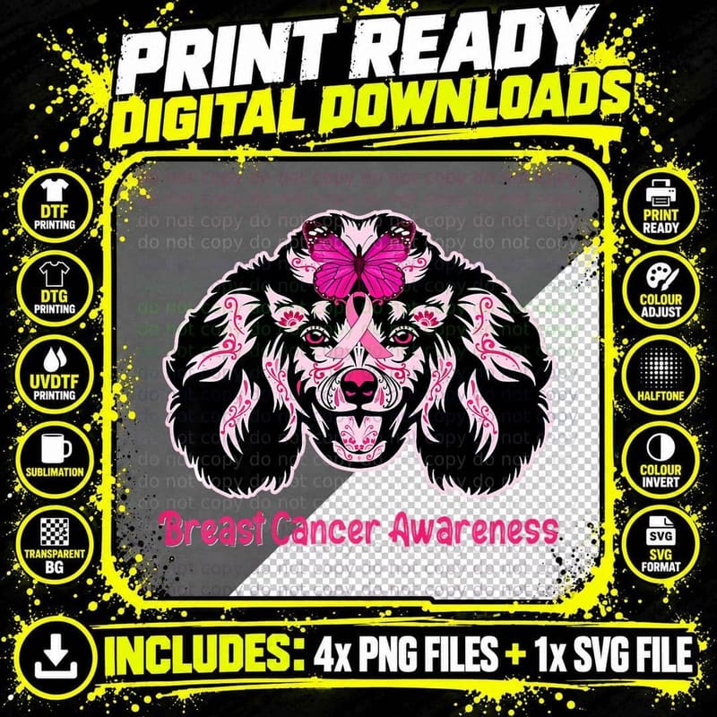 Breast Cancer Awareness Sugar Skull Dog T-Shirt Png SVG Digital Bundle