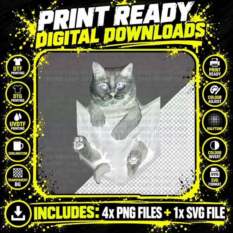 British Grey Cat in Pocket T-Shirt, Animal Art Print Png SVG Digital Bundle