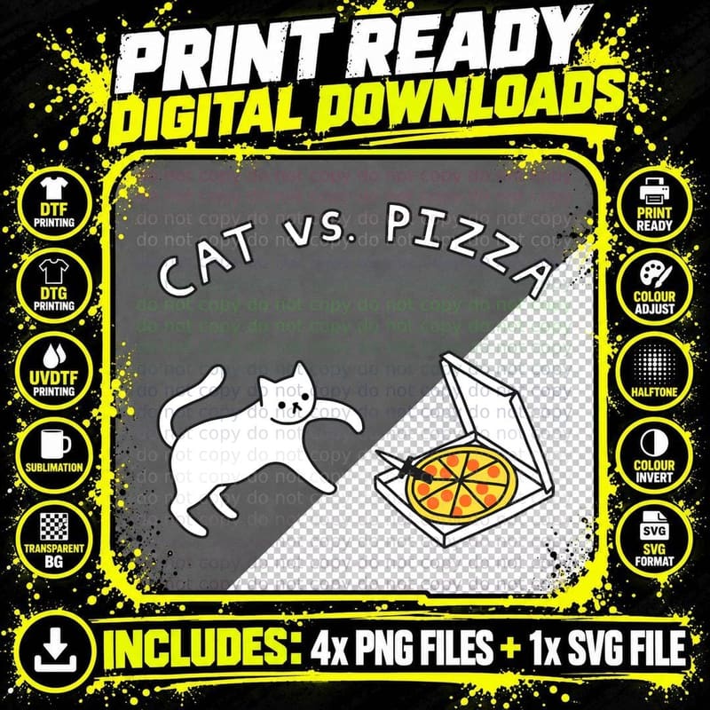 CAT vs. PIZZA T-Shirt Png SVG Digital Bundle