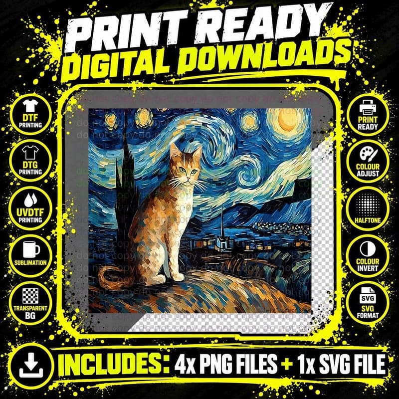 Calico Cat Starry Night Moon and Stars Art Png SVG Digital Bundle