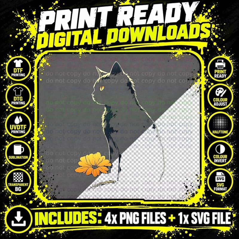 Cat Artwork, Whimsical Animal Print Png SVG Digital Bundle