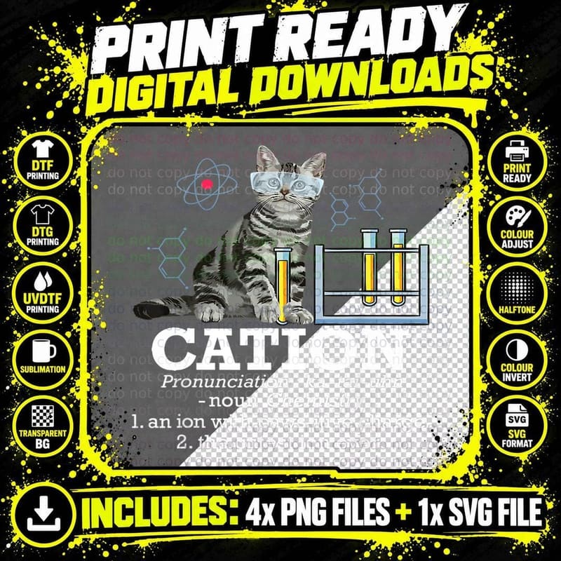 Cat Cation Funny Chemistry Humor Science T-Shirt Png SVG Digital Bundle