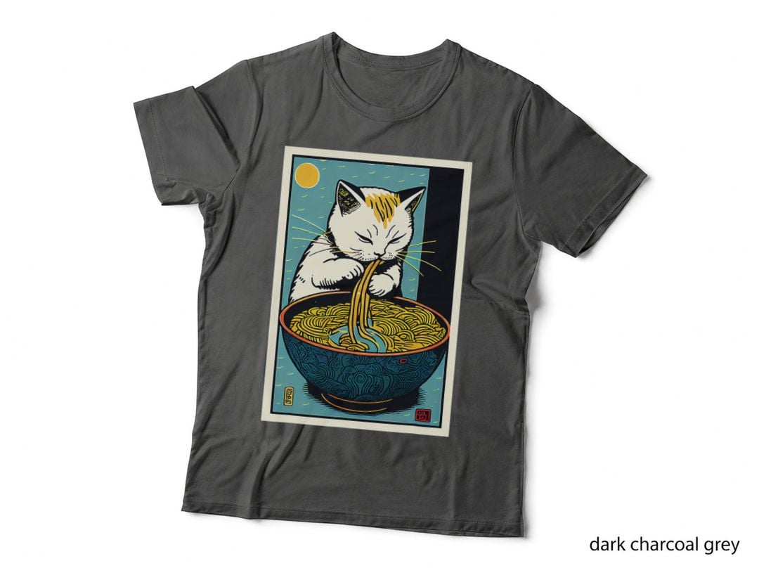 Cat Eating Ramen Noodles, Vintage Japanese Art, Pet Lover Apparel T-Shirt