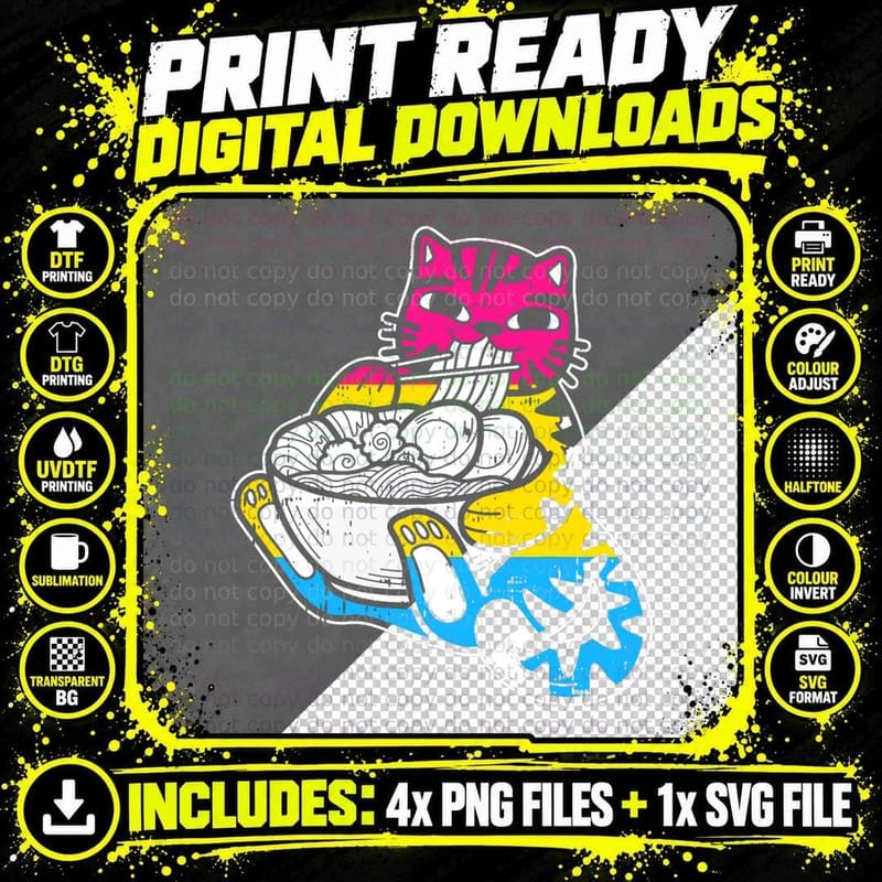 Cat Eating Ramen Pansexual Pride T-Shirt Png SVG Digital Bundle