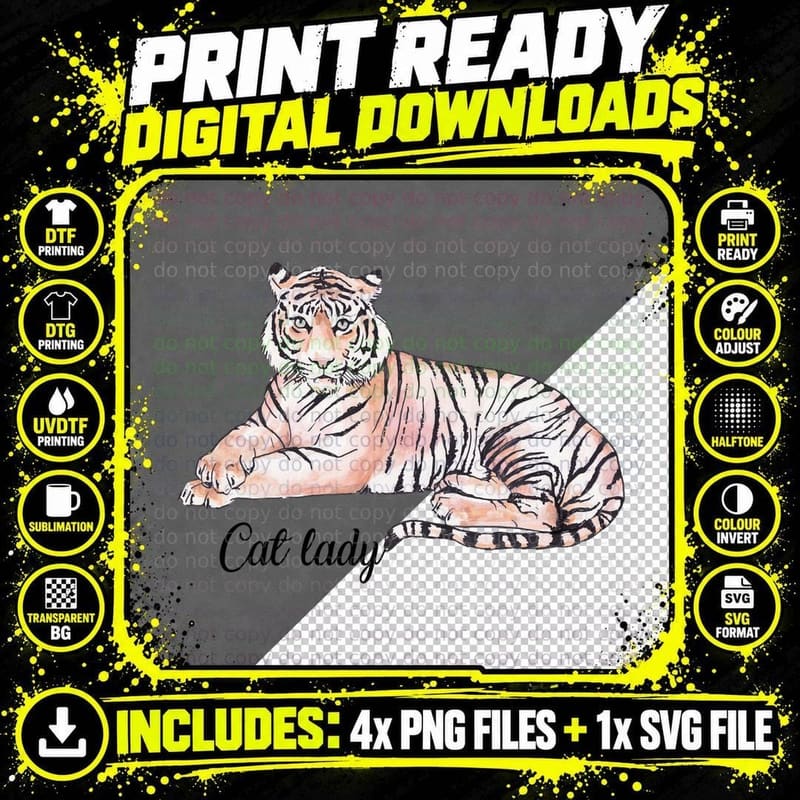 Cat Lady Tiger Illustration T-Shirt Png SVG Digital Bundle