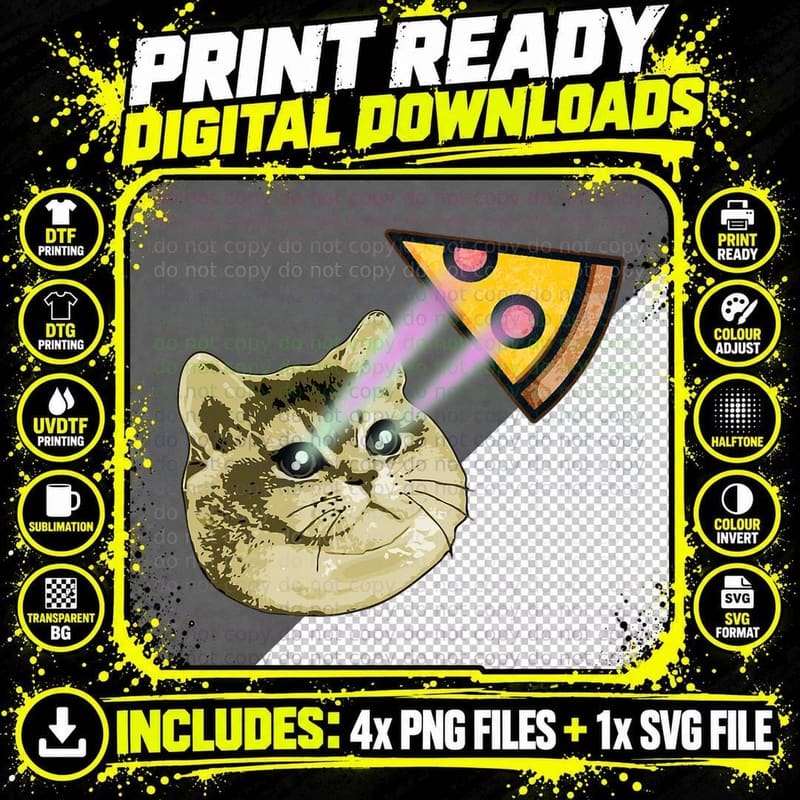 Cat Laser Eyes Pizza T-Shirt, Funny Meme Design Png SVG Digital Bundle