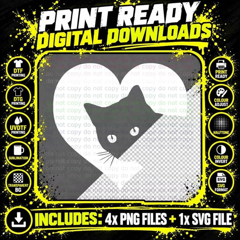 Cat Lover T-Shirt, Heart Shaped Cat Silhouette Png SVG Digital Bundle