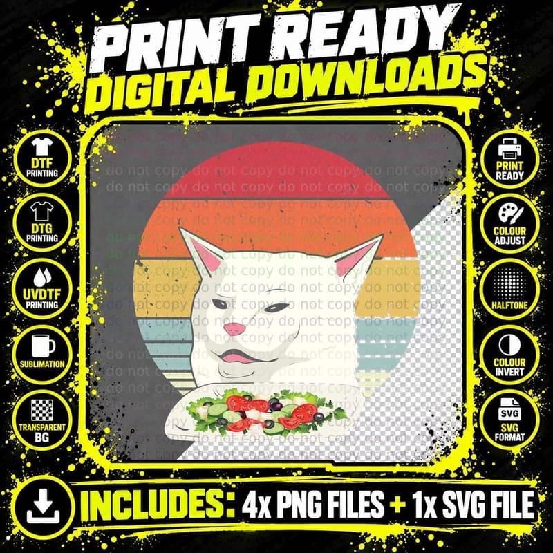 Cat Meme Funny Retro Yelling at Cats Eating Salad Png SVG Digital Bundle