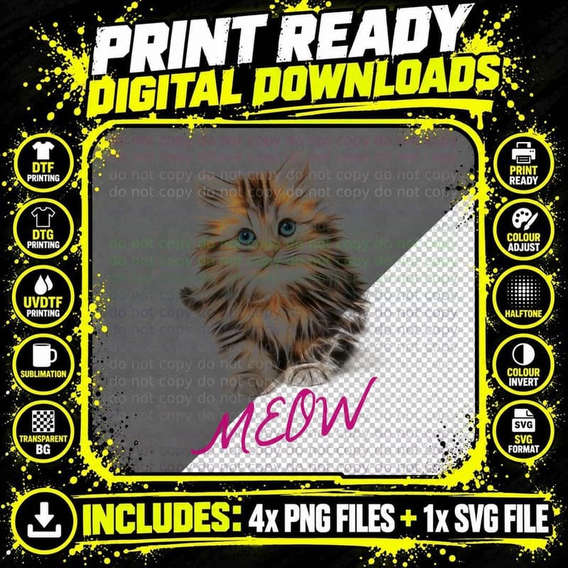 Cat Meow Kitty T-Shirt, Funny Cats Apparel Png SVG Digital Bundle