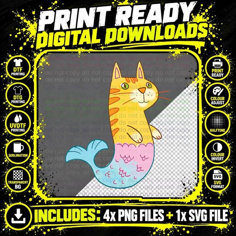 Cat Mermaid T-Shirt, Whimsical Fantasy Print Png SVG Digital Bundle