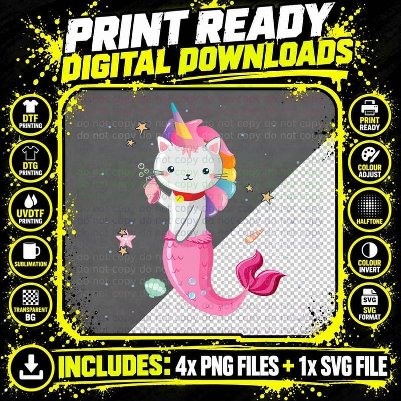 Cat Mermaid Unicorn T-Shirt, Fantasy Mermaid Print Png SVG Digital Bundle