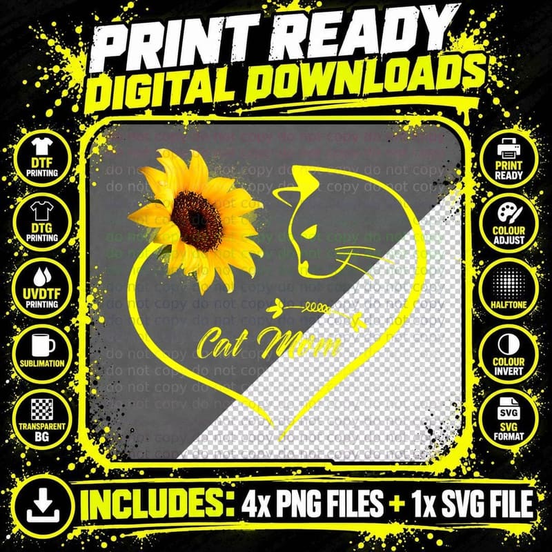 Cat Mom Sunflower Heart Love T-Shirt Png SVG Digital Bundle