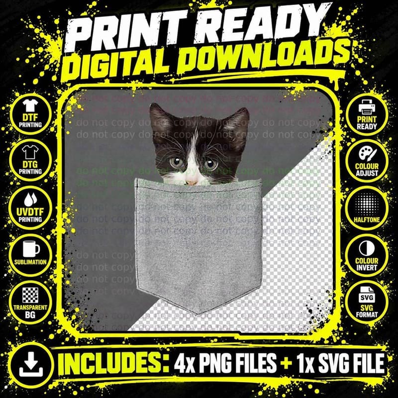 Cat Peeking in Pocket T-Shirt, Pet Lover Apparel Png SVG Digital Bundle