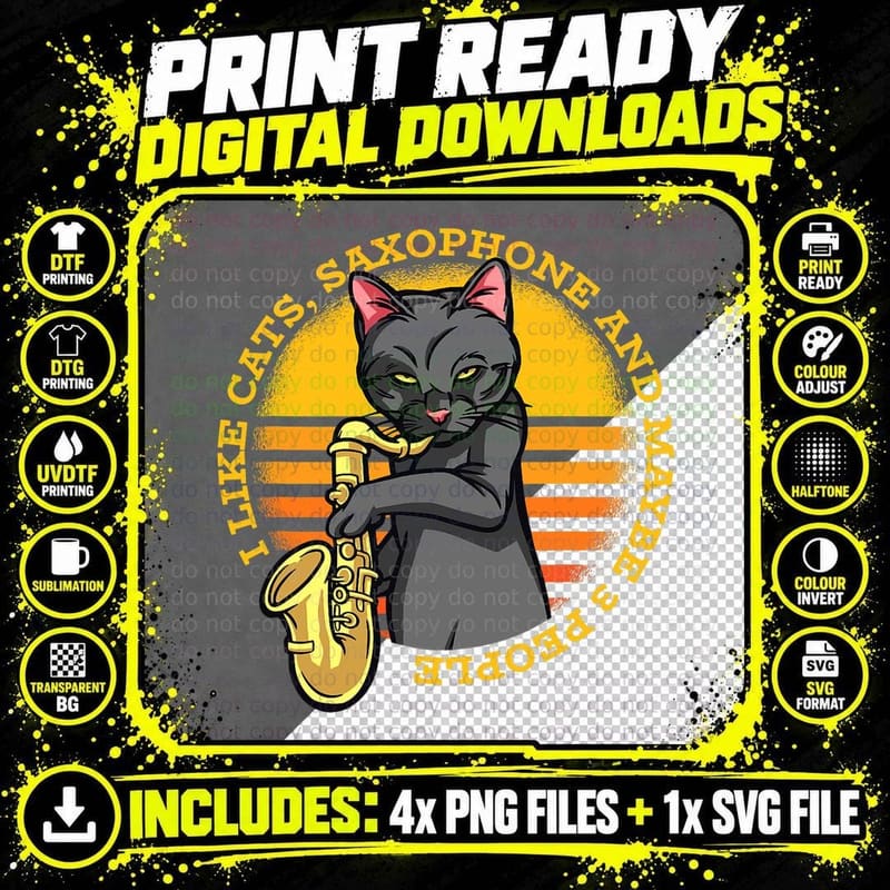 Cat Playing Saxophone T-Shirt, Funny Animal Art Png SVG Digital Bundle