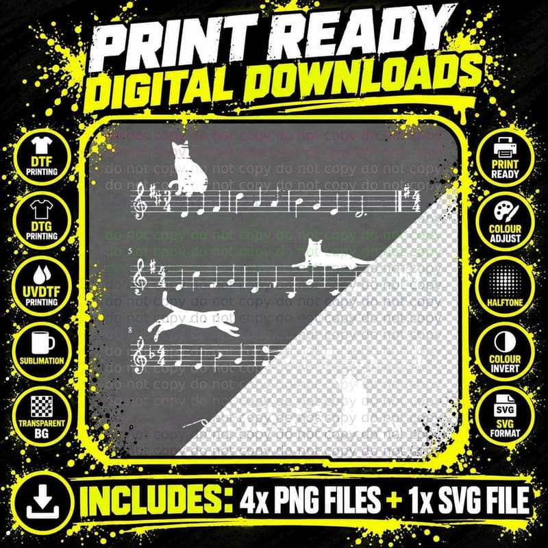 Cat Playing on Musical Notes Funny Musician T-Shirt Png SVG Digital Bundle
