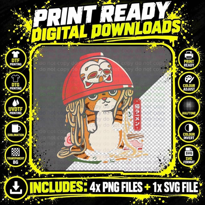 Cat Ramen T-Shirt, Japanese Food Art, Cat Lover Apparel Png SVG Digital Bundle