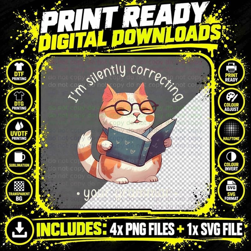 Cat Reading Book T-Shirt, Nerdy Cat Design Png SVG Digital Bundle
