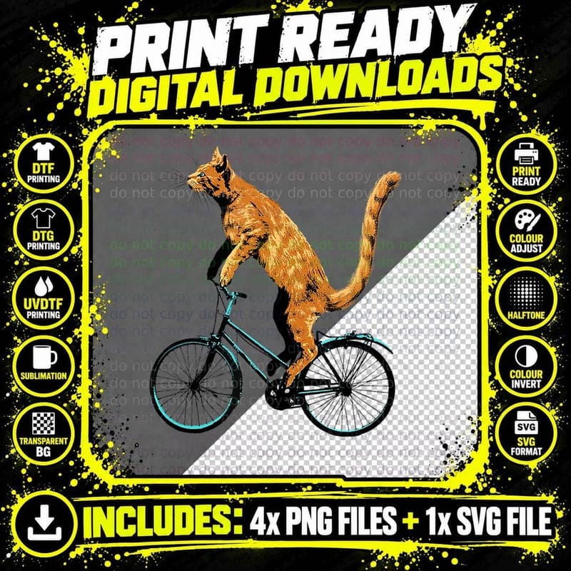 Cat Riding Bicycle T-Shirt, Funny Cat Tee Png SVG Digital Bundle