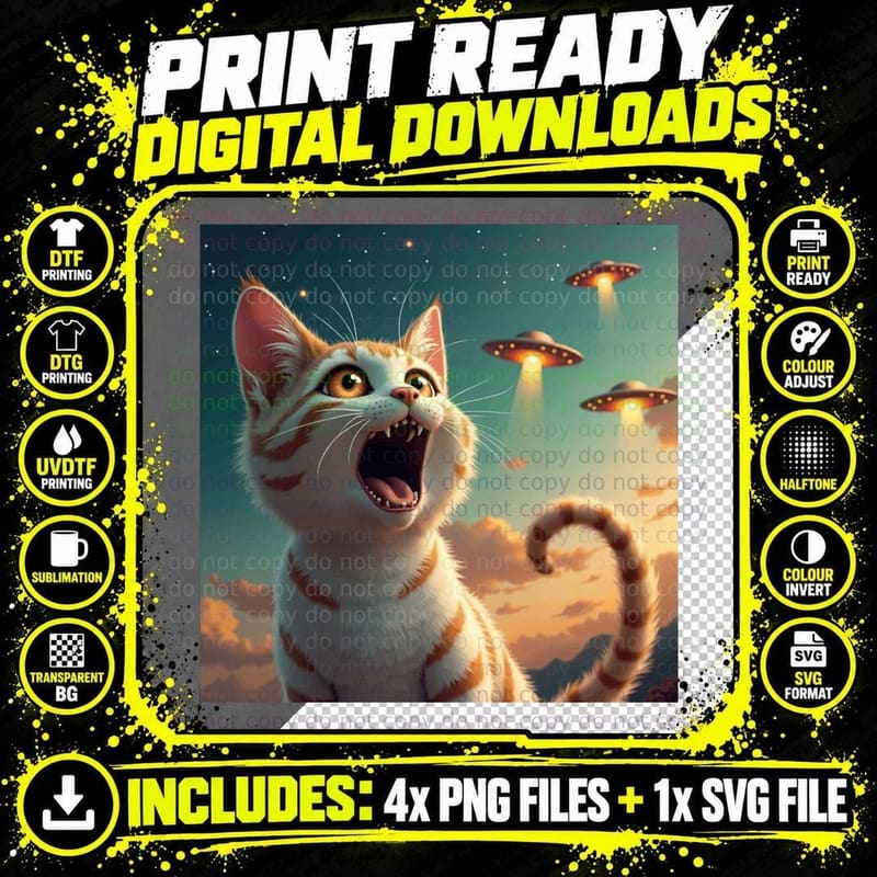 Cat Selfie Gifts, with Alien UFO Funny Cat for Men Kid Png SVG Digital Bundle