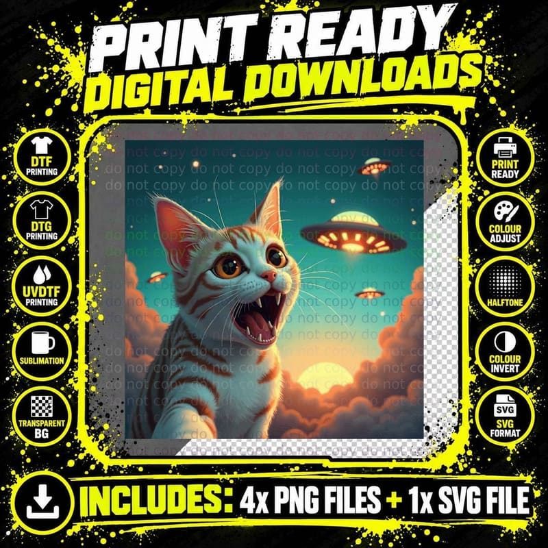 Cat Selfie Shirts, with Alien UFO Funny Cat for Men Png SVG Digital Bundle