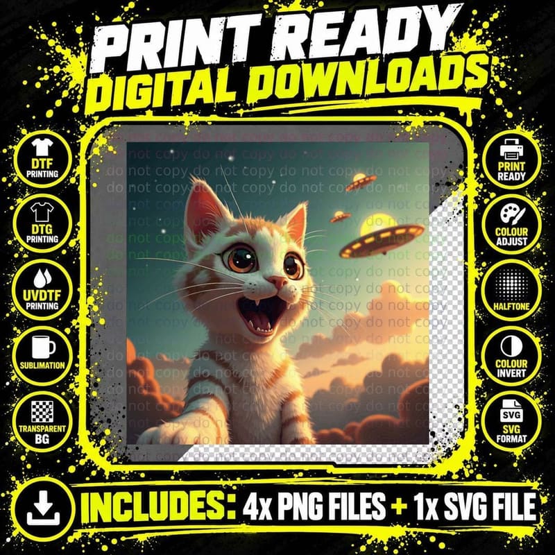 Cat Selfie T-Shirts, with Alien UFO Funny Cat for Men Png SVG Digital Bundle
