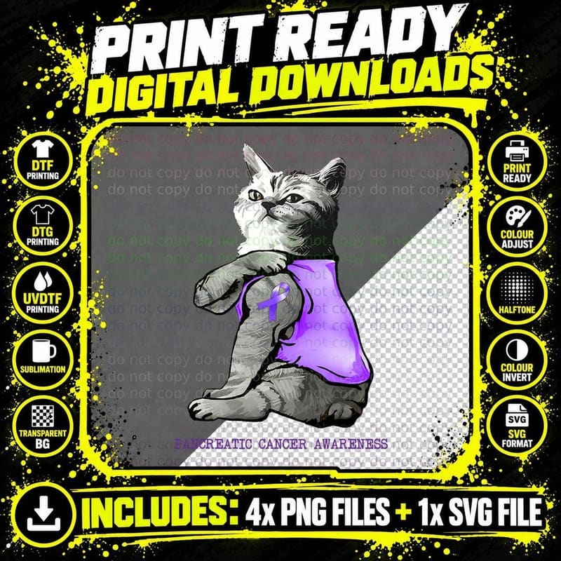 Cat Showing Purple Ribbon Tattoo Pancreatic Cancer Png SVG Digital Bundle