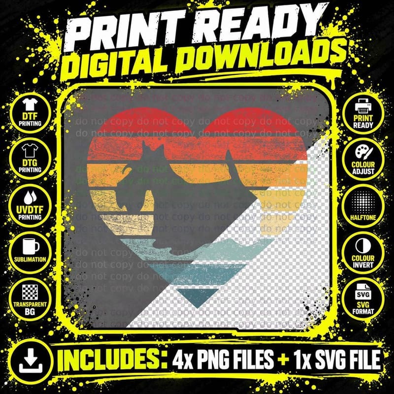 Cat Silhouette Heart T-Shirt, Vintage Retro Style Png SVG Digital Bundle