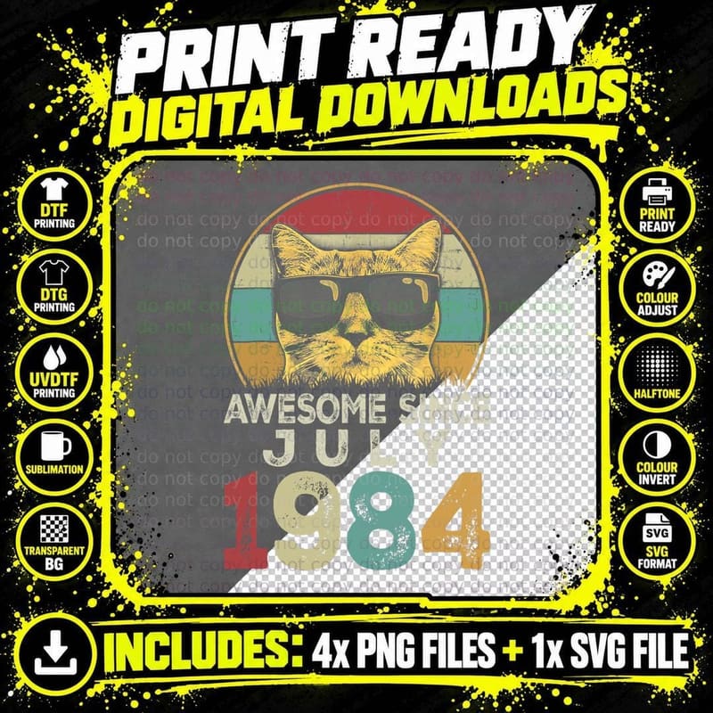 Cat T-Shirt, Vintage 1984 Birthday, Pet Lover Apparel Png SVG Digital Bundle