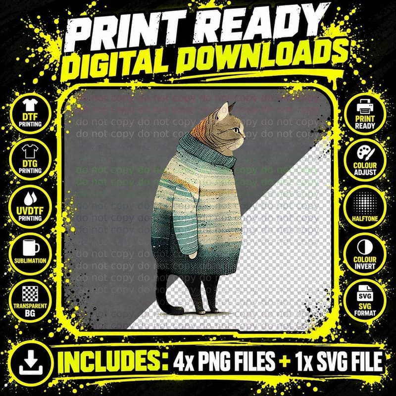 Cat Wearing a Sweater - Funny Pet Fat Gray Cat in Png SVG Digital Bundle
