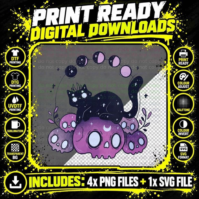 Cat and Skull Moon Phases Tattoo Art T-Shirt Png SVG Digital Bundle