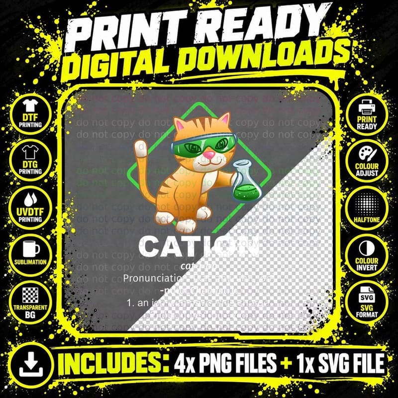 Cation Cat Chemistry T-Shirt, Science Nerd Apparel Png SVG Digital Bundle