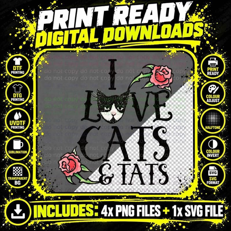 Cats & Tattoos T-Shirt, Tattoo Art Design Png SVG Digital Bundle
