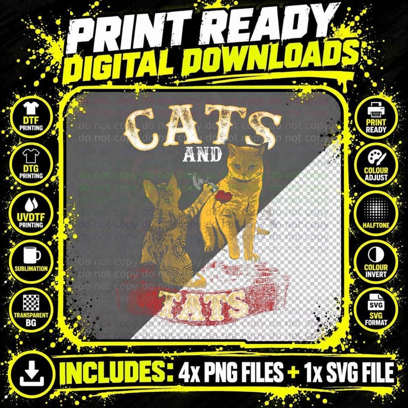 Cats and Tats - Funny Inked Cat Owner Tattoo Lover Png SVG Digital Bundle